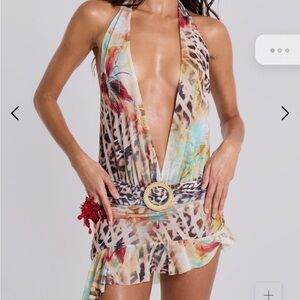 Jaded London Mini Cindy Plunge Backless Mini Dress in Leopard